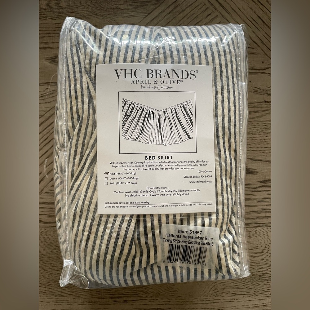 NWT Hatteras Seersucker Blue Tailored King Bed Skirt Ticking Stripe VHC Brands - Picture 5 of 6